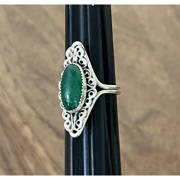 BEAU 925 Sterling Silver Jade Antique Victorian Goth Ring Sz 4~6 Adjustable - Picture 3 of 9